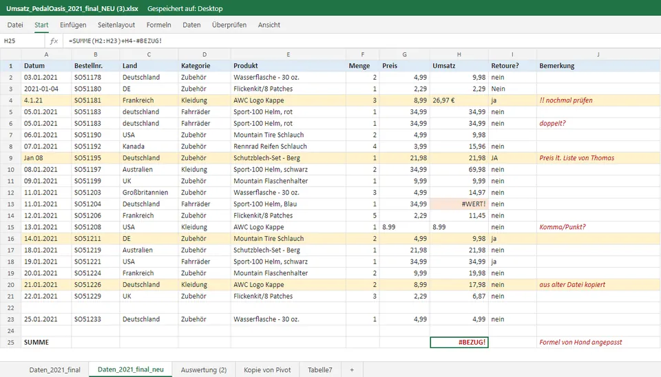 Vorher: Excel-Tabelle mit uneinheitlichen Datumsangaben, doppelten Zeilen und Fehlerwerten