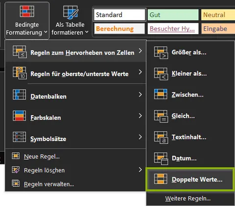 Excel | Menü für bedingte Formatierung zum Hervorheben von doppelten Werten