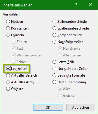 Excel | Inhalte auswählen | Leerzellen