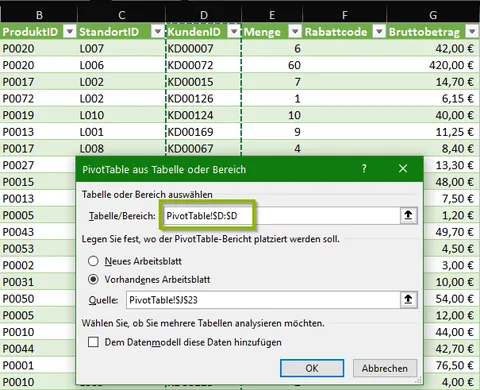 Excel | PivotTable | Erstellen mit Spaltenbezug