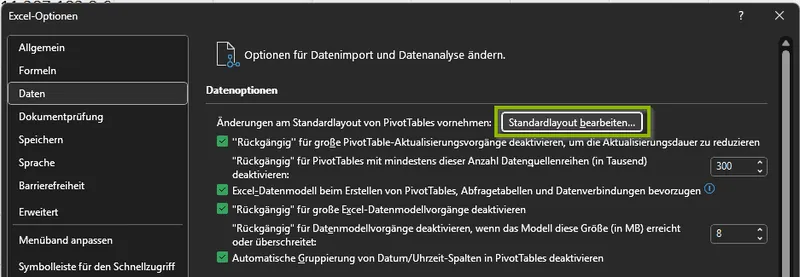 Excel-Optionen, Datenoption Standardlayout bearbeiten
