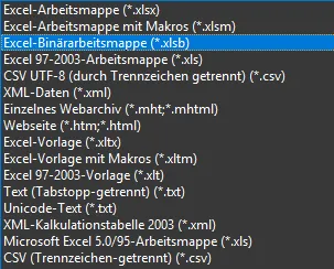 Excel Speichermenü - .xlsb-Format