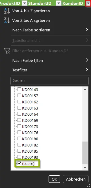 Excel | Filtermenü | Leere ausgewählt