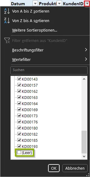 Excel | PivotTable | Filtermenü | Leer ausgefiltert