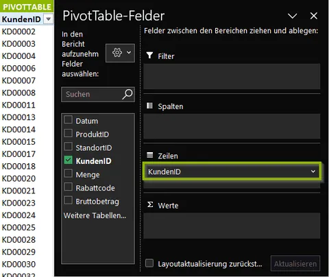 PivotTable mit Auswahl einer Spalte als Zeile