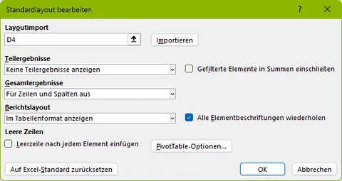 Excel PivotTable Menü für Standardlayout