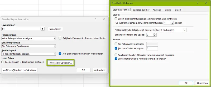 Excel PivotTable Standardlayout-Menü & PivotTable Optionen