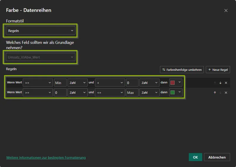 Power BI Menü Datenbeschriftungen - Menü Detail - Option Farbe - Bedingte Formatierung