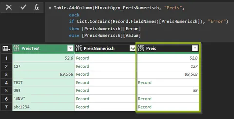 Power Query Table.AddColumn if List.Contains Error then Error else Value