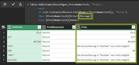 Power Query Table.AddColumn if List.Contains Error then Error Message else Value