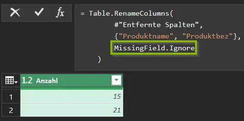 Power Query Table.RenameColumns mit MissingField.Ignore