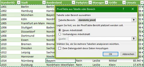 Excel | Pop-Up Fenster mit Optionen zum Einfügen eines PivotTable