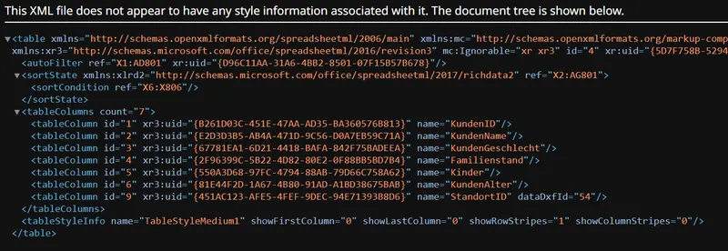 XML Code Excel Intelligente Tabelle